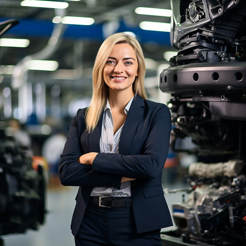 Friendly smiling beautiful woman automotive marketing manager at work on blured background Friendly smiling beautiful woman automotive marketing manager at work on blured background