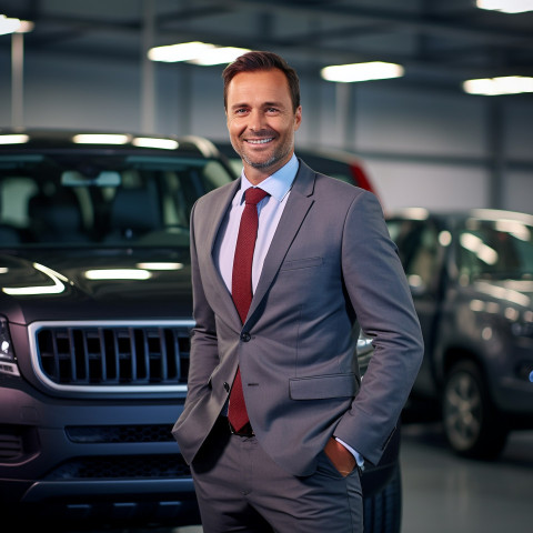 Friendly smiling handsome man automotive sales manager at work on blured background Friendly smiling handsome man automotive sales manager at work on blured background