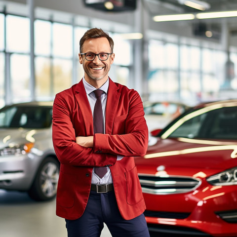 Friendly smiling handsome man automotive customer relations specialist at work on blured background Friendly smiling handsome man automotive customer relations specialist at work on blured background