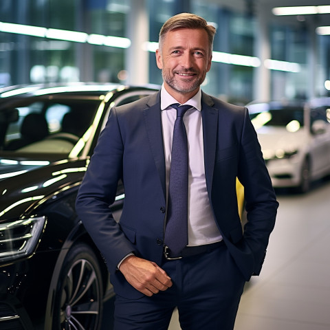 Friendly smiling handsome man automotive sales manager at work on blured background Friendly smiling handsome man automotive sales manager at work on blured background