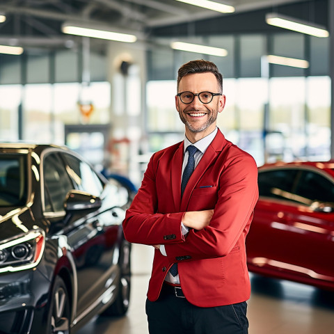 Friendly smiling handsome man automotive customer relations specialist at work on blured background Friendly smiling handsome man automotive customer relations specialist at work on blured background