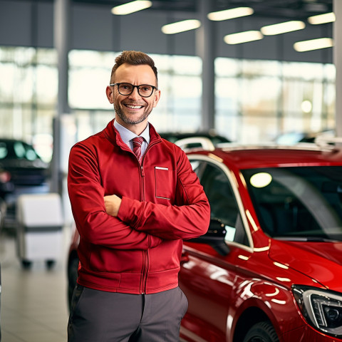 Friendly smiling handsome man automotive customer relations specialist at work on blured background Friendly smiling handsome man automotive customer relations specialist at work on blured background