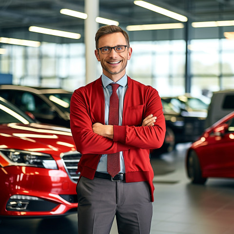 Friendly smiling handsome man automotive customer relations specialist at work on blured background Friendly smiling handsome man automotive customer relations specialist at work on blured background