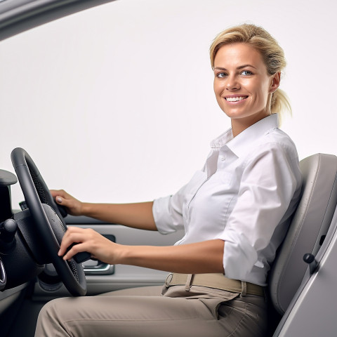 Friendly smiling beautiful woman automotive driver at work on white background Friendly smiling beautiful woman automotive driver at work on white background