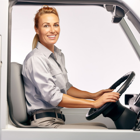 Friendly smiling beautiful woman automotive driver at work on white background Friendly smiling beautiful woman automotive driver at work on white background
