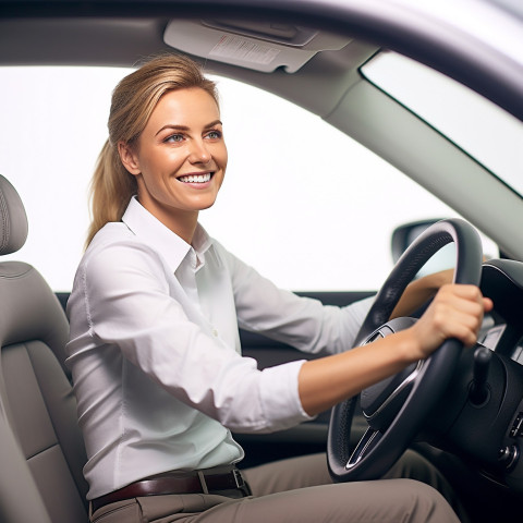 Friendly smiling beautiful woman automotive driver at work on white background Friendly smiling beautiful woman automotive driver at work on white background