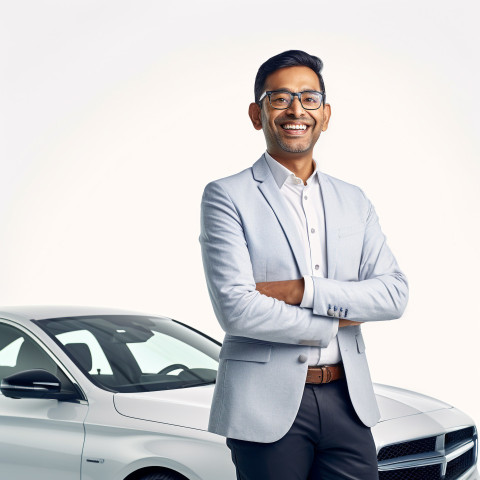 Friendly smiling handsome indian man automotive marketing manager at work on white background Friendly smiling handsome indian man automotive marketing manager at work on white background