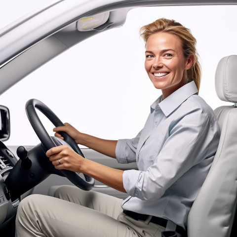 Friendly smiling beautiful woman automotive driver at work on white background Friendly smiling beautiful woman automotive driver at work on white background