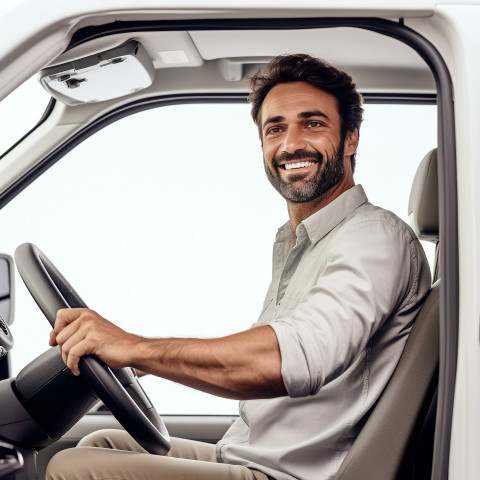 Friendly smiling handsome man automotive driver at work on white background Friendly smiling handsome man automotive driver at work on white background