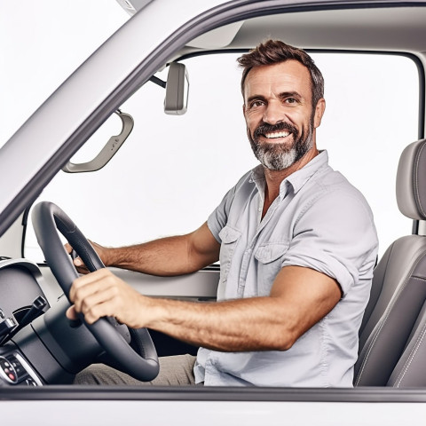 Friendly smiling handsome man automotive driver at work on white background Friendly smiling handsome man automotive driver at work on white background