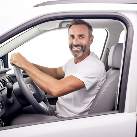 Friendly smiling handsome man automotive driver at work on white background Friendly smiling handsome man automotive driver at work on white background