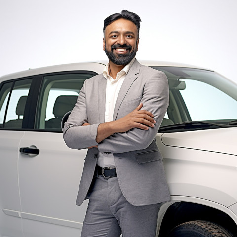 Friendly smiling handsome indian man automotive marketing manager at work on white background Friendly smiling handsome indian man automotive marketing manager at work on white background