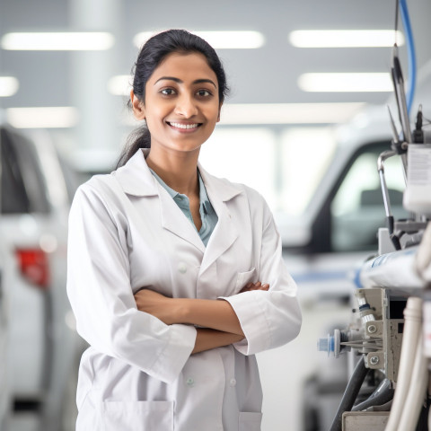 Friendly smiling beautiful indian woman automotive service manager at work on blured background Friendly smiling beautiful indian woman automotive service manager at work on blured background