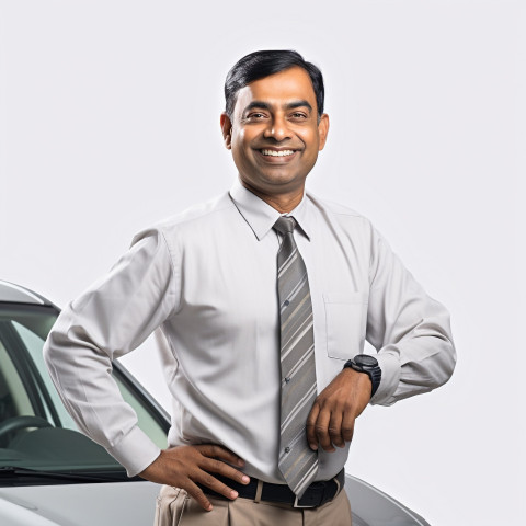 Friendly smiling handsome indian man automotive valets at work on white background Friendly smiling handsome indian man automotive valets at work on white background