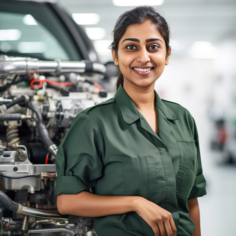 Friendly smiling beautiful indian woman automotive service manager at work on blured background Friendly smiling beautiful indian woman automotive service manager at work on blured background