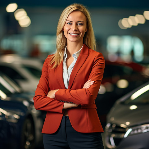 Friendly smiling beautiful woman automotive finance manager at work on blured background Friendly smiling beautiful woman automotive finance manager at work on blured background