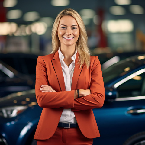 Friendly smiling beautiful woman automotive finance manager at work on blured background Friendly smiling beautiful woman automotive finance manager at work on blured background