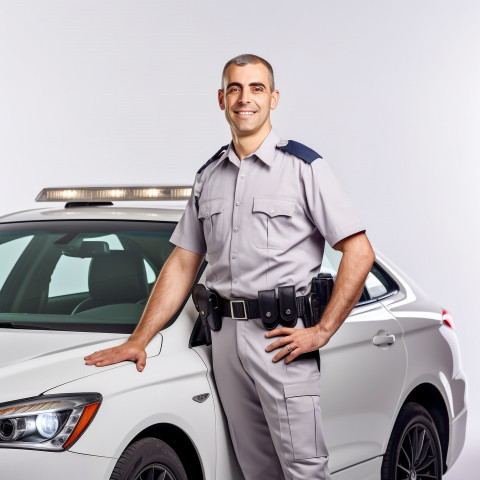 Friendly smiling handsome man automotive security personnel at work on white background Friendly smiling handsome man automotive security personnel at work on white background