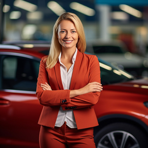 Friendly smiling beautiful woman automotive finance manager at work on blured background Friendly smiling beautiful woman automotive finance manager at work on blured background