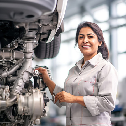 Friendly smiling beautiful indian woman automotive service manager at work on blured background Friendly smiling beautiful indian woman automotive service manager at work on blured background