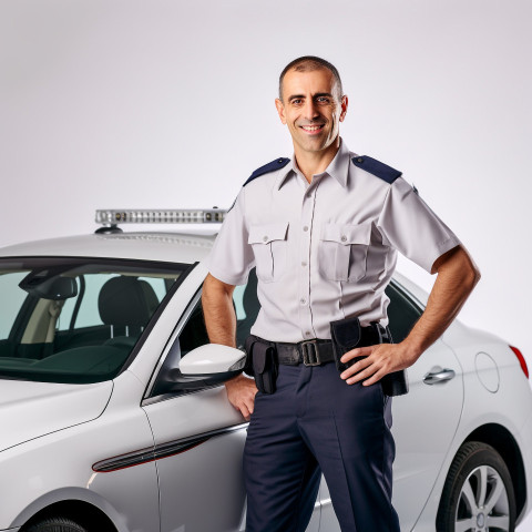Friendly smiling handsome man automotive security personnel at work on white background Friendly smiling handsome man automotive security personnel at work on white background