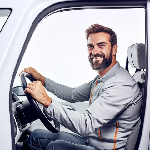 Friendly smiling handsome man automotive driver at work on white background Friendly smiling handsome man automotive driver at work on white background