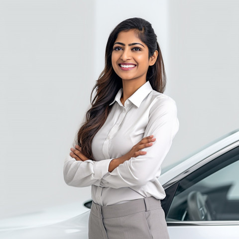 Friendly smiling beautiful indian woman automotive customer service representatives at work white background Friendly smiling beautiful indian woman automotive customer service representatives at work white background