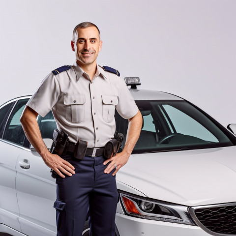 Friendly smiling handsome man automotive security personnel at work on white background Friendly smiling handsome man automotive security personnel at work on white background