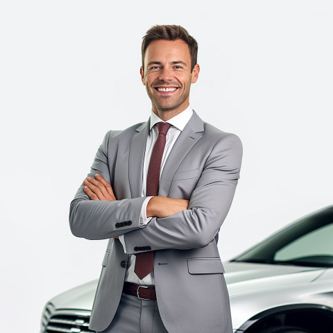 Friendly smiling handsome man automotive sales representative at work on white background Friendly smiling handsome man automotive sales representative at work on white background
