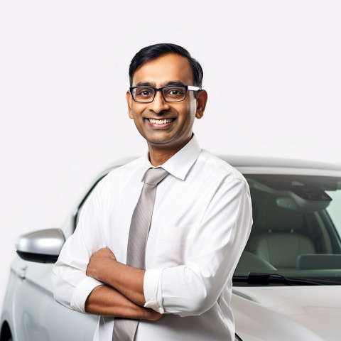 Friendly smiling handsome indian man automotive customer relations specialist at work on white background Friendly smiling handsome indian man automotive customer relations specialist at work on white background