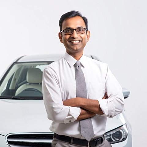 Friendly smiling handsome indian man automotive customer relations specialist at work on white background Friendly smiling handsome indian man automotive customer relations specialist at work on white background