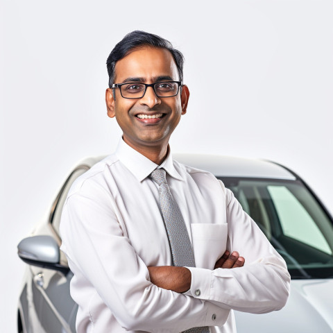 Friendly smiling handsome indian man automotive customer relations specialist at work on white background Friendly smiling handsome indian man automotive customer relations specialist at work on white background