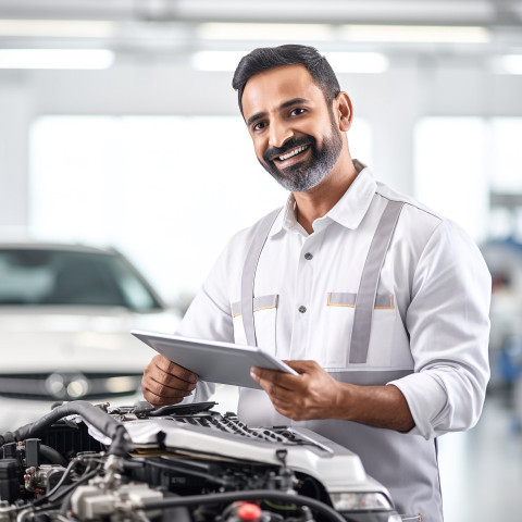 Friendly smiling handsome indian man automotive training instructor at work on white background Friendly smiling handsome indian man automotive training instructor at work on white background