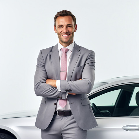Friendly smiling handsome man automotive sales representative at work on white background Friendly smiling handsome man automotive sales representative at work on white background