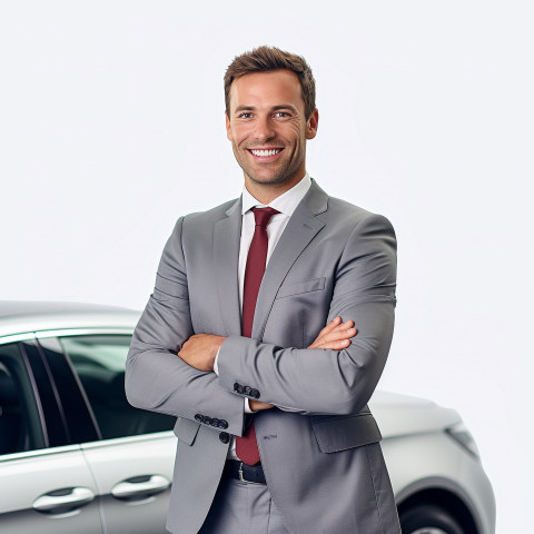 Friendly smiling handsome man automotive sales representative at work on white background Friendly smiling handsome man automotive sales representative at work on white background