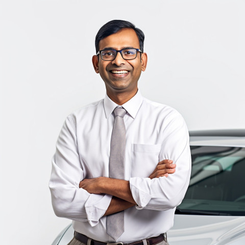 Friendly smiling handsome indian man automotive customer relations specialist at work on white background Friendly smiling handsome indian man automotive customer relations specialist at work on white background