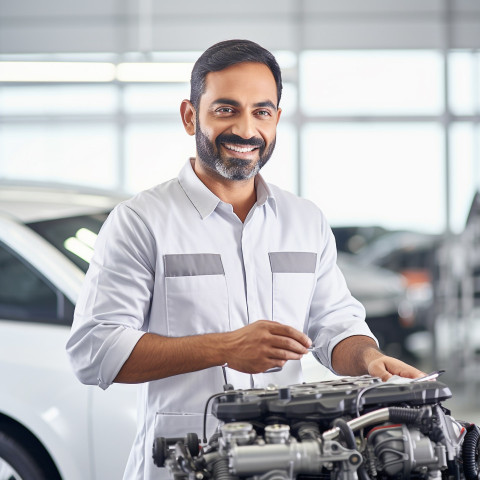 Friendly smiling handsome indian man automotive training instructor at work on white background Friendly smiling handsome indian man automotive training instructor at work on white background