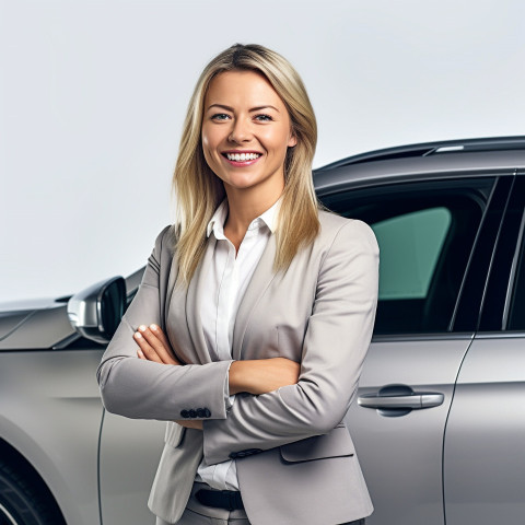 Friendly smiling beautiful woman automotive sales representative at work on white background Friendly smiling beautiful woman automotive sales representative at work on white background