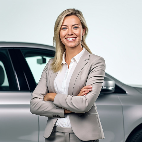 Friendly smiling beautiful woman automotive sales representative at work on white background Friendly smiling beautiful woman automotive sales representative at work on white background