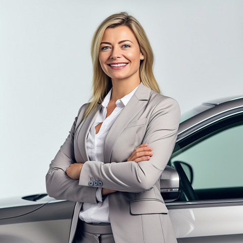 Friendly smiling beautiful woman automotive sales representative at work on white background Friendly smiling beautiful woman automotive sales representative at work on white background