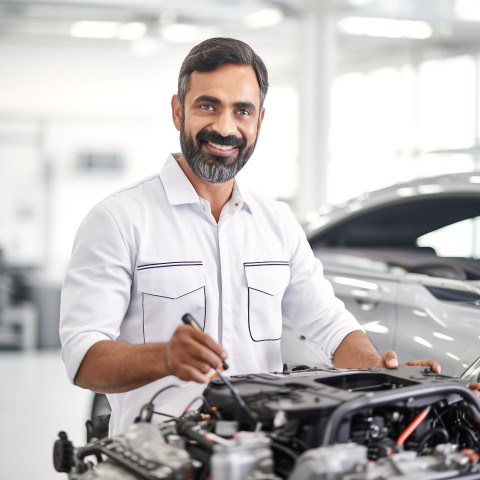 Friendly smiling handsome indian man automotive training instructor at work on white background Friendly smiling handsome indian man automotive training instructor at work on white background
