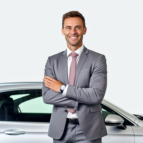Friendly smiling handsome man automotive sales representative at work on white background Friendly smiling handsome man automotive sales representative at work on white background