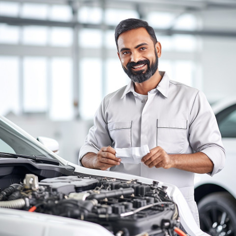 Friendly smiling handsome indian man automotive training instructor at work on white background Friendly smiling handsome indian man automotive training instructor at work on white background