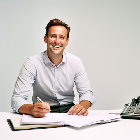 Friendly smiling handsome man automotive accountant at work on white background Friendly smiling handsome man automotive accountant at work on white background