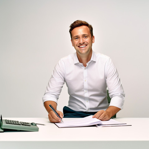 Friendly smiling handsome man automotive accountant at work on white background Friendly smiling handsome man automotive accountant at work on white background