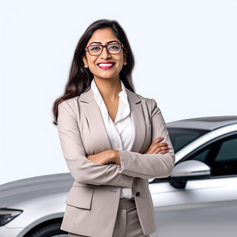 Friendly smiling beautiful indian woman automotive finance manager at work on white background Friendly smiling beautiful indian woman automotive finance manager at work on white background