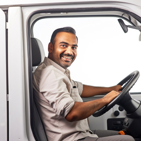 Friendly smiling handsome indian man automotive driver at work on white background Friendly smiling handsome indian man automotive driver at work on white background