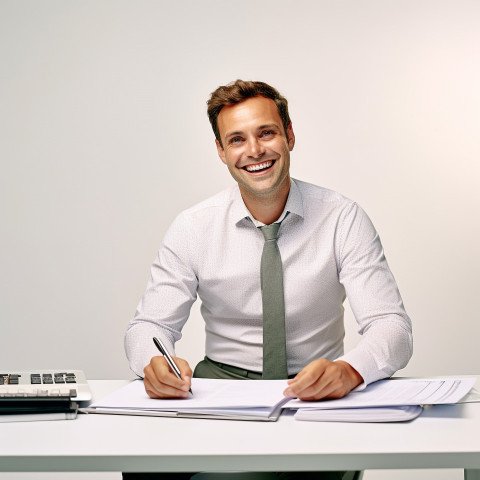 Friendly smiling handsome man automotive accountant at work on white background Friendly smiling handsome man automotive accountant at work on white background
