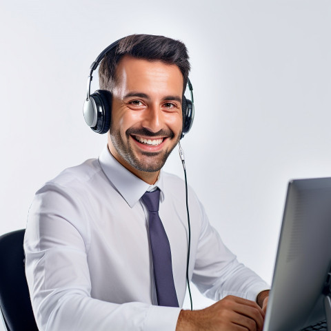 Friendly smiling handsome man automotive customer service representatives at work on white background Friendly smiling handsome man automotive customer service representatives at work on white background