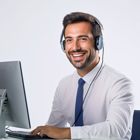 Friendly smiling handsome man automotive customer service representatives at work on white background Friendly smiling handsome man automotive customer service representatives at work on white background